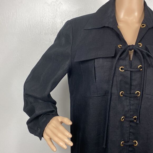 Cheetah B Sherrie Bloom Black Linen Long Sleeves Collared Dress - Picture 2 of 11